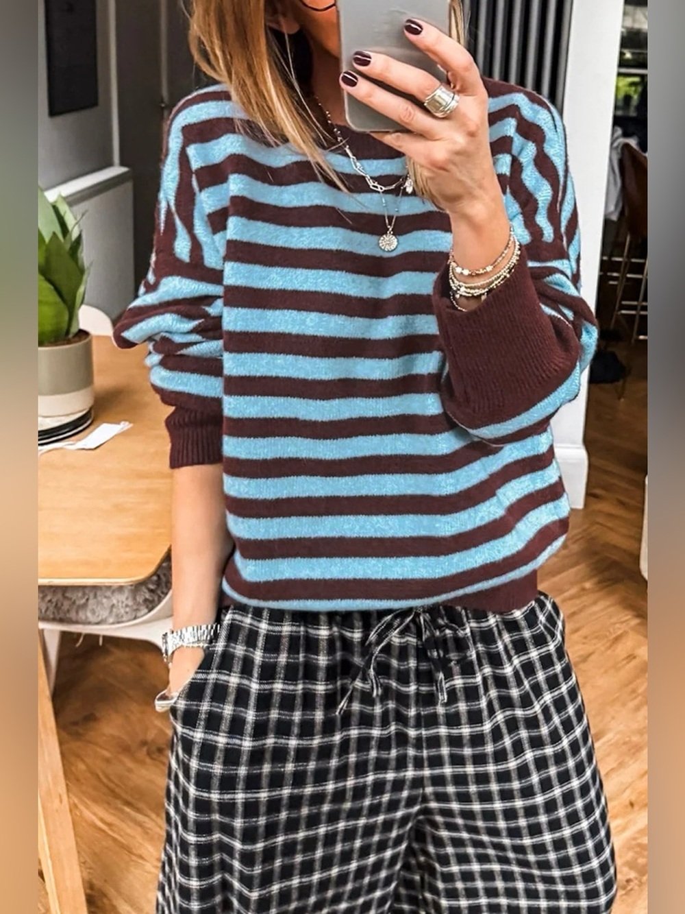 Stripe Color Block Loose Crew Neck Cuffed Sweater